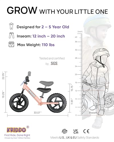 Image of KRIDDO Toddler Balance Bike 2 Year Old, Age 24 Months to 5 Years Old, 12 Inch Push Bicycle with Customize Plate (3 Sets of Stickers Included), Steady Balancing, Gift Bike for 2-3 Boys Girls, Pink