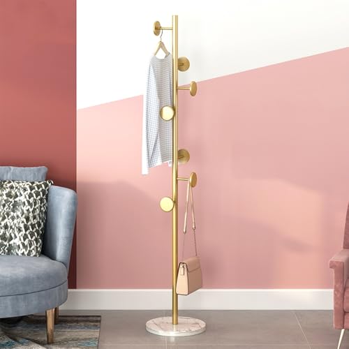 Coat Rack Freestanding with Marble Rock Slab Base Heavy Duty Sturdy Stable Metal Tree Clothes Racks with 7 Staggered Round Hooks Coat Hanger for Clothing Hats Bags Purses for Room Entryway Bedroom