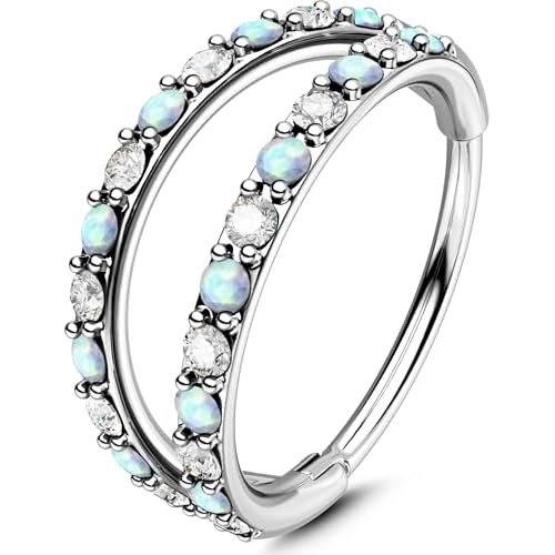 OUFER 20G Nose Rings for Women, 316L Surgical Steel Double Hoop Nose Piercing Jewelry, Opal and CZ Septum Lip Eyebrow Cartilage Conch Rook Helix Tragus Daith Earrings Piercing Jewelry-6/7/8M