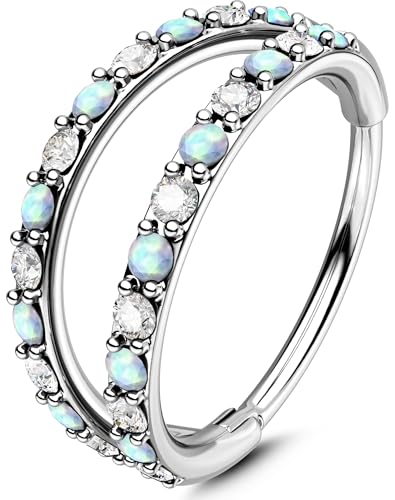 OUFER 20G Nose Rings for Women, 316L Surgical Steel Double Hoop Nose Piercing Jewelry, Opal and CZ Septum Lip Eyebrow Cartilage Conch Rook Helix Tragus Daith Earrings Piercing Jewelry-6/7/8MM
