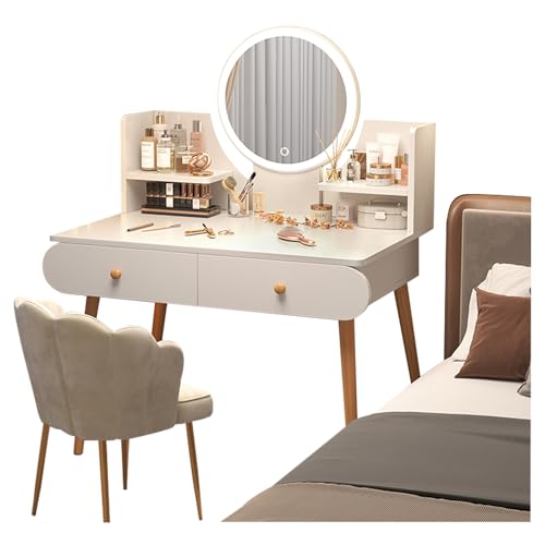 Eyawe 化粧台 引き出し付きの丸みを帯びた鏡付きコーナーデザイン 頑丈で耐久性のある多目的拡大デスクトップ無垢材テーブル脚 花びらの柔らかいスツール付き (80*40*120cm,ホワイト+LEDライト+いす)