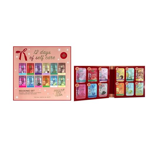 Holler And Glow 12 Days of Self Care Facial Mask Set, Valentine's, Hydrating Hyaluronic Acid, Moisturizing, Calming, Illuminating, Smoothing, Detoxifying, Brightening Vitamin C, 12 Piece Gift Set