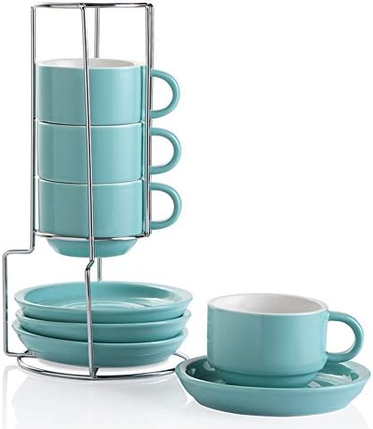 SWEEJAR Home Porcelain Espresso Cups with Saucers, 120 ml Stackable Cappuccino Cups with Metal Stand for Coffee Drinks, Latte, Tea - Set of 4 (Black)