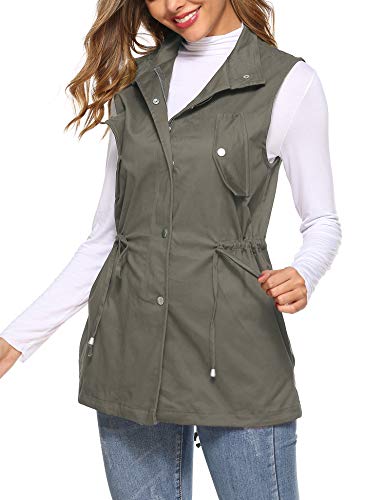 UUANG Women's Camo Military Safari Vest Utility Lightweight Sleeveless Drawstring Jackets with Pocket