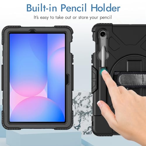 Image of Robustrion Cover for Samsung Galaxy Tab S10 Lite /Tab S9 FE / S10 FE 10.9 inch with S Pen Holder, Armor Cover with [Shoulder Strap] and [360 Degree Rotating Hand Strap] - Black