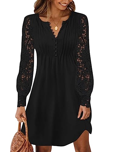 Minetom Dentelle Robe Femmes Élégante Col V Mini Robe de Vacances Plage Soirée Fête Casual Tunique Shirt Robe A Noir L