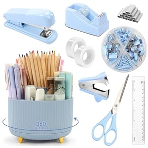 SKYDUE Desk Organizers and Accessories 10Pcs, 360-Degree Rotating Pen Holder, Stapler, Staple Remover, Tape Dispenser,2pcs Tape Refills, Binder Paper Clips Kit, Scissor (Blue)