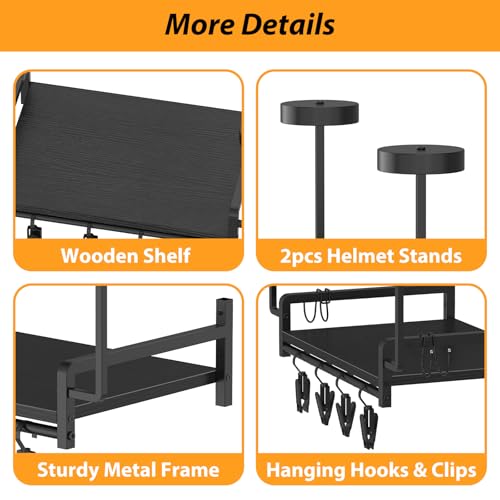 Helmhalterung Wand, Wandmontage, Helmhalter aus Edelstahl und Holz, Motorradhelm Halterung Motorradhelm Wandhalterung Huthalterung mit Haken für Motorrad Helm Jacke Handschuhe, Schwarz