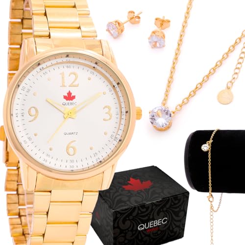 Kit Relógio Feminino QUEBEC Dourado Colar Brincos Banhados a Ouro Luxo Original Aprova de Agua