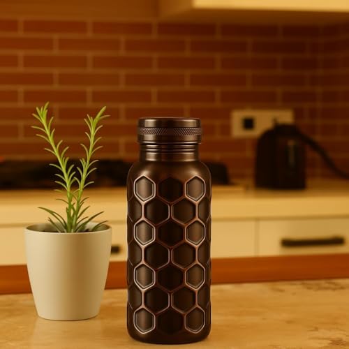 Image of Pure Copper Water Bottle for Summer Hydration - 1 Litre (32 oz) Antique Honeycomb Design | Ayurvedic Copper Bottle for Drinking Water | Keeps Water Cool, Leak-Proof, BPA-Free, Eco-Friendly Gift