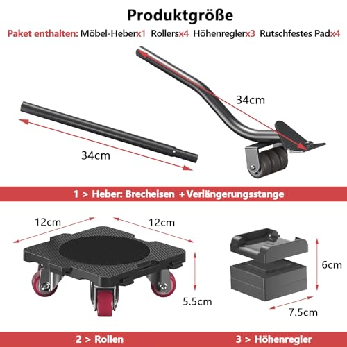 ONEON Möbel Transportroller Set, Stück Möbel Gleitsystem mit Möbelheber, Möbeltransport Set mit Möbelroller, 360 Grad drehbar Rads, Umzugshelfer möbeltransportrollen