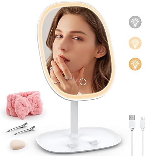 Makeup Mirror with Lights, Lighted Makeup Mirror 3 Color Temperature Modes, Rechargeable Makeup Mirror with Lights for Makeup Desk Travel, Adjustable Rotation Led Mirror Makeup Light Up Mirror