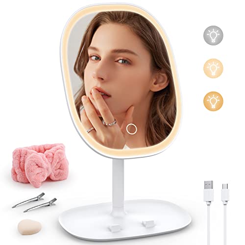 Makeup Mirror With Lights, Lighted Makeup Mirror 3 Color Temperature Modes, Rechargeable Makeup Mirror With Lights For Makeup Desk Travel, Adjustable Rotation Led Mirror Makeup Light Up Mirror #TOP15