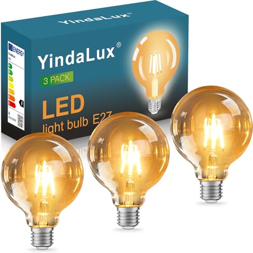YindaLux Bombilla LED E27 Blanco Cálido 2700K - Lámpara de Filamento Vintage Edison - 4W ≈ 40W - Lámpara Retro Energética - Pack de 3 G95 No Dimmerable - Iluminación Decorativa para Hogar, Café, Bar
