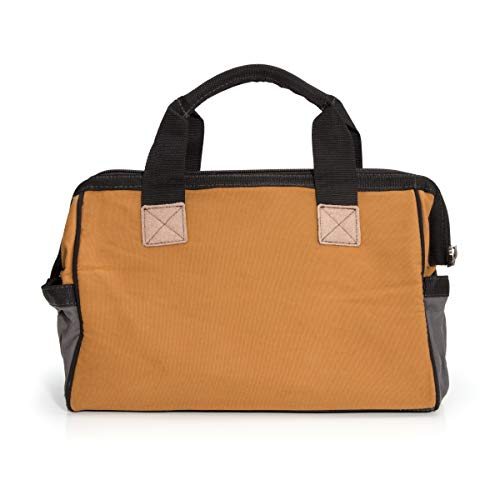 Dickies 16-Inch Durable Canvas Work Bag For Painters, Carpenters, And Builders, Heavy-Duty Zipper, Reinforced Handles, Exterior Pockets, Tan/Grey #TOP1