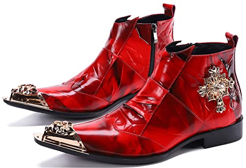 Santimon Mens Dress Boots Western Leather Fashion Brown Casual Pointed-Toe Metal Tip Shoes