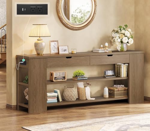 Image of 71.8 Inch Extra Long Console Table with Drawers, Farmhouse Long Console Table with Shelves & Built-in Outlets, Entryway Table with Storage for Living Room, Entryway, Hallway, Brown