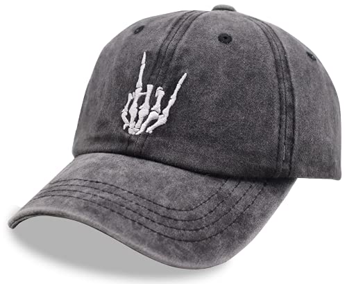 Image of Skeleton Hand Hat, Skull Finger Baseball Cap Adjustable Washed Distressed Denim for Men Women
