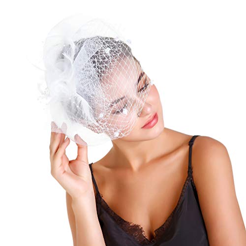 COMVIP Tocado para mujer con clip para la diadema, sombrero de malla para fiesta de té, color blanco, Blanco, talla única