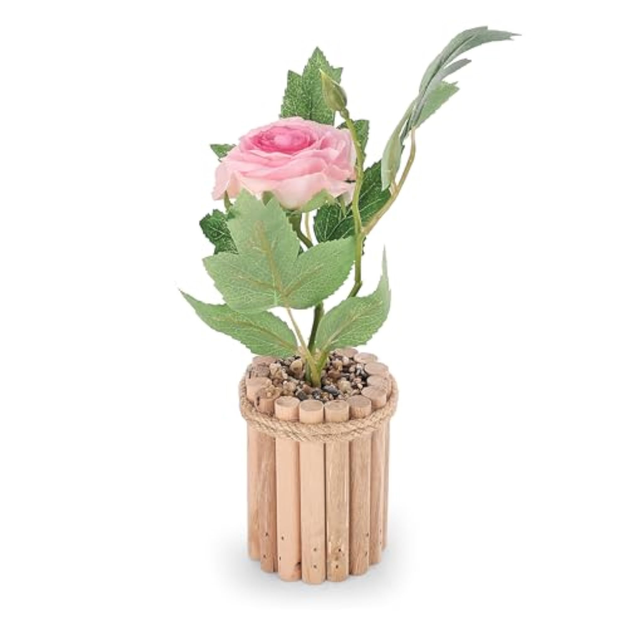 Artificial Pink Rose Plant with Wooden Pot