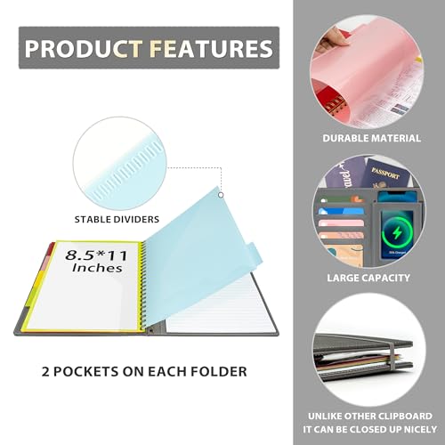 Image of Ospelelf Clipboard with Storage for Men Women, Leather Padfolio Portfolio Organizer 5 Folders with 10 Pockets, Spiral Clipboard Folio with Notepad for Letter Size, Elastic Closure and Pen Loop Grey