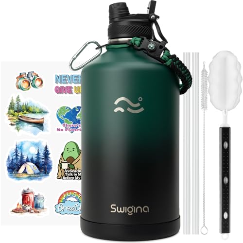 Image of Swigina Insulated Water Bottle with Silicone Boot (36hrs Cold /18hrs Hot) - DIY Stickers, [2-in-1 Lid], BPA Free, 128 oz
