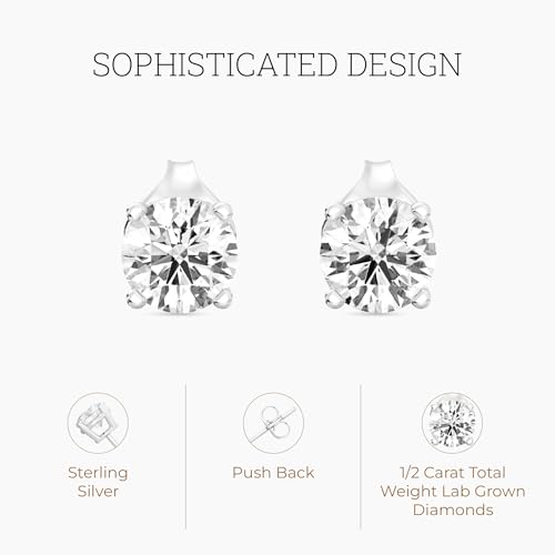Gilded 1/2 ct. T.W. Round Lab Diamond Stud Earrings for Women | 925 Sterling Silver Studs | Hypoallergenic Fine Jewelry | 4-Prong Basket, Push Back Nut | SI1 Clarity, F Color, Round Cut