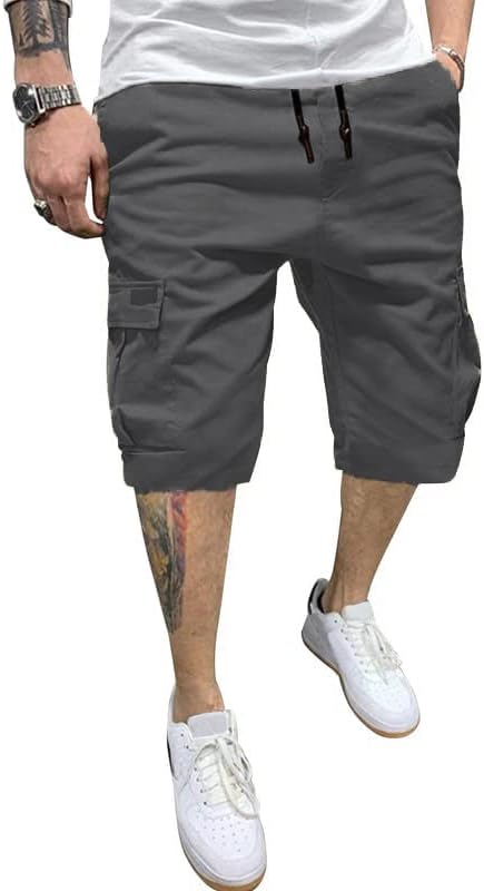 BUXKR Pantalones cortos para hombre con bolsillos con solapa y cordón de ajuste, pantalones cortos de entrenamiento de algodón con múltiples