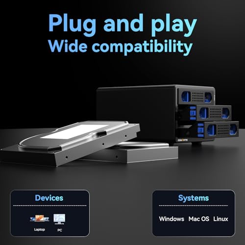 CENMATE Aluminum 3 Bay Hard Drive Enclosure with Cooling Fan for 2.5/3.5 SATA HDD/SSD with USB A/C 3.0 Cable, Support Hot Swappable, Tool-Free HDD Enclosure, DAS(NO RAID/NAS) - 8