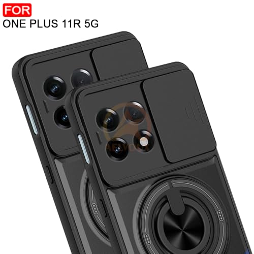 Image of Oneplus 11R 5G Back Cover | Armor Camera Slider 360 Degree Rotating Finger Ring Holder Case with Bracket Stand Back Case Cover (Compatible with MagSafe Accessories) (Black)