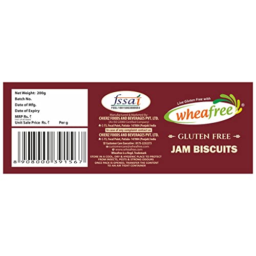 Image of Wheafee Gluten Free Jam Biscuits | Mixed Fruit Pulp Filled Cookies | Tasty & Crunchy Snacks | Perfect Tea-Time Treat | Pack of 3-200g Each Vegetarian Biscuit