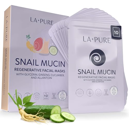 LA PURE Snail Mucin Mask – 10ct Korean Sheet Mask Pack for Signs of Aging, Aid Skin Repair & Hydration – Pure Snail Mask for Face with Collagen & Hyaluronic Acid – Cruelty-Free Hydrating Sheet Mask