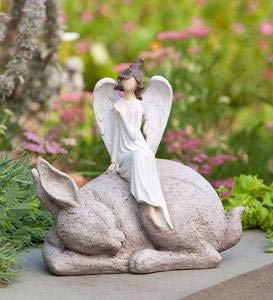 Wind & Weather Indoor Outdoor Angel On Bunny Garden Statue 10.75 L X 7 W X 10.25 H #TOP1
