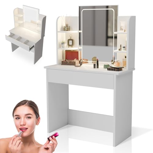 Juskys Schminktisch Zoey mit LED-Spiegel, großer Touch-LED-Spiegel mit Rahmen, Schublade & Regal,...