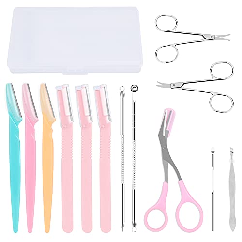 13 in 1 Eyebrow Razor Kit,Eyebrow Grooming Set,Comedone Extractor Tool,Including Brow Razors,Eyebrow Scissors,Acne Removal Tools,Eyebrow Tweezers,Vibrissa Scissors,Earpick.