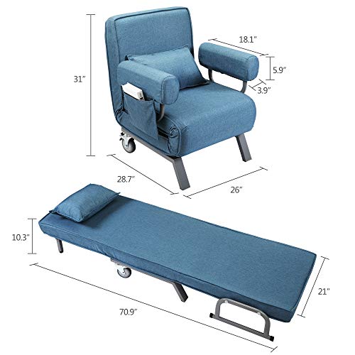 Convertible Sofa Bed Folding Arm Chair Sleeper Leisure Recliner Lounge Couch 6 Positions Adjustable Backrest (Blue) - Thumbnail 2