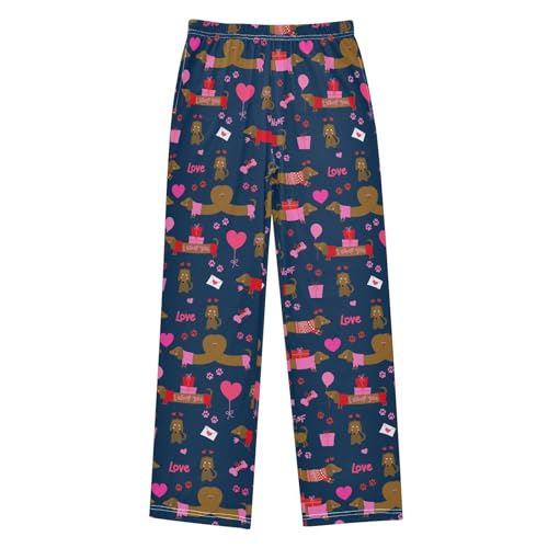 Dachshund Dog Love Heart Print Boys Long Pants Soft Trousers Elastic Waist Kids Lounge Bottoms with Pockets S-XL