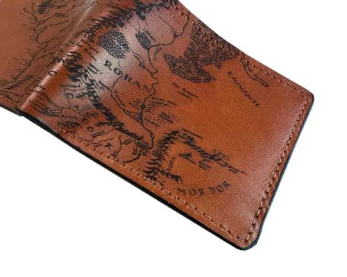 Image of Handmade Genuine Leather Wallet for Men - Laser Engraved Map - Rustic Cowhide Bifold - Unique LOTR Fantasy Gift