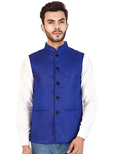Image of Vastraa Fusion Men's Cotton Bandhgala Checkered Nehru Jacket /Waistcoat (Blue, 46)