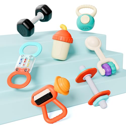 Image of iPlay, iLearn Baby First Gym Rattle Set, Infant Dumbbell Weights Teething Rattles 3-6-12 Month, Newborn Workout Sensory Stroller Toy, Babies Birthday Shower Gift 5 7 8 9 10 Month Toddler Boy Girl-7PCS