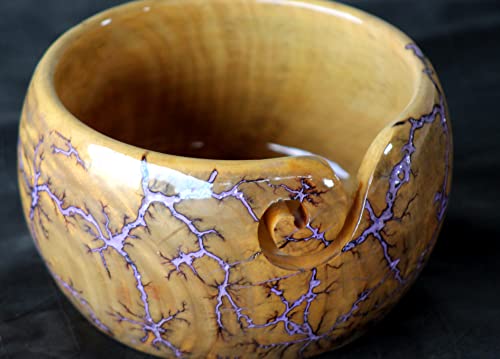Image of Lichtenberg Figure Yarn Bowl - Handmade Wooden Yarn Bowl for Knitting Yarn Ball Holder - Yarn Bowls with Holes Crochet Bowl Holder - Yarn Storage Bowl 7 inch x 4 inch inches (Purple-A)