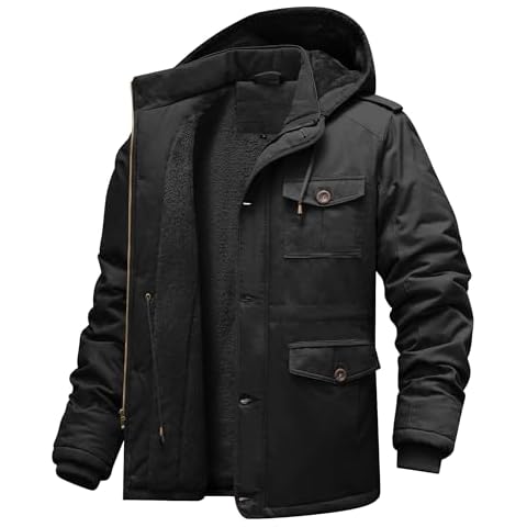 CHEXPEL Men's Winter Jackets with Removable Hood Fleece Lined Cotton Military Work Jackets Outerwear Coats with Pockets Black 2XL Cover