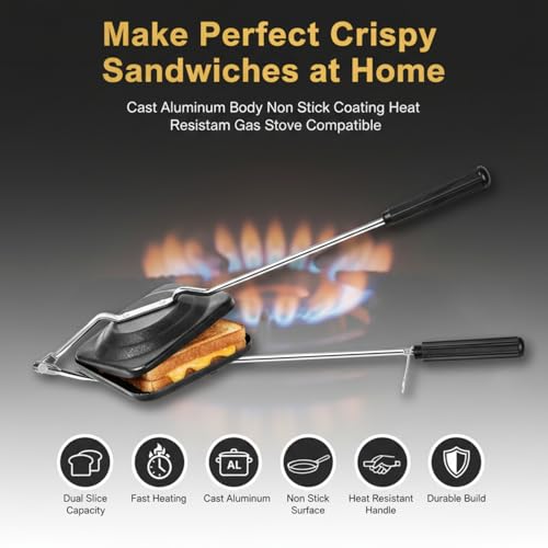 Image of Pop Up Sandwich Maker for Gas Stove Non Stick | Compatibility with Gas Stoves | Flame-Proof Design | Crispy Toasted Bread Sandwich Maker | Long-lasting Heat Resistant Handle | Black