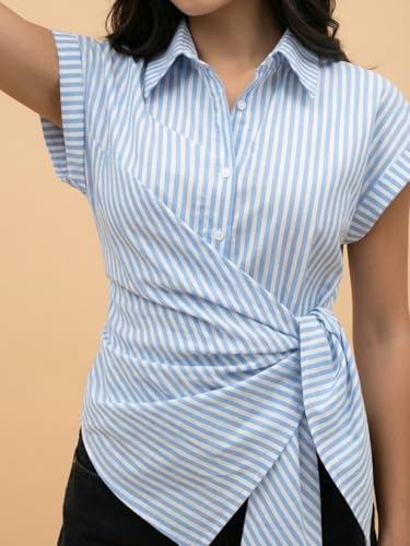Image of Women Striped Wrap Style Cotton Shirt Drop Shoulder Casual Wear