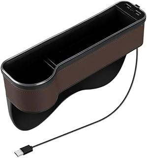 BIzTech ® Caja de almacenamiento para hendiduras de coche con 2 cargadores USB, colorido LED para el asiento, organizador de tarjetas, soporte para botellas de teléfono (marrón - asiento izquierdo)