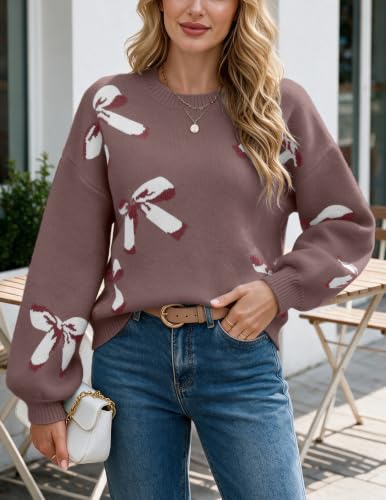 Image of Libsorge Womens Oversized Cute Bows Crewneck Pullover Sweater