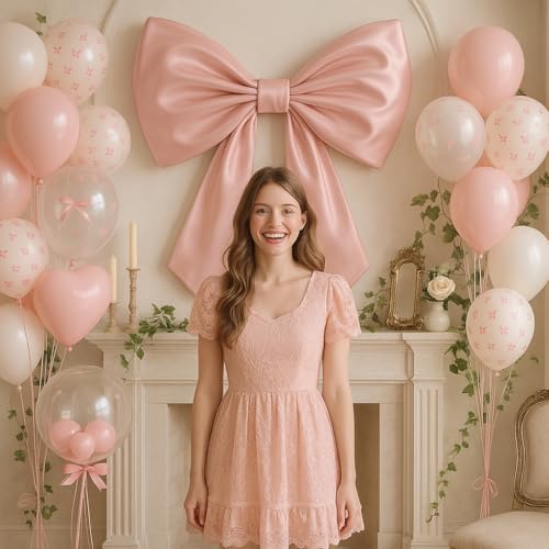 Image of Coquette Pink Bow Balloons Birthday Decorations, 20 In Bobo Light Pale Baby Dusty Pastel Pink and White Balloons Heart Shape Balloon, First Birthday Bow Party Decor for Princess Girl Just Wanna Be One