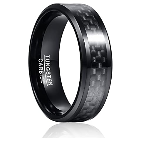 Phyonio Men's Women's Black Tungsten Carbide Wedding Band Engagement Ring with Carbon Fiber 8 mm Anniversary Polished Bevelled Edge Size 54 to 67, WOFRAM Cover