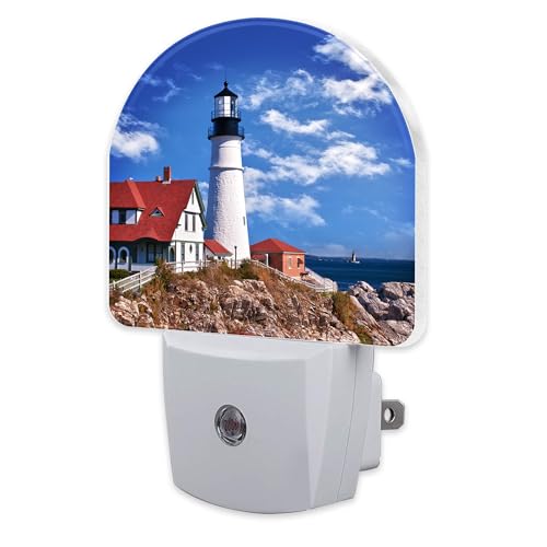 Image of Beautiful White Lighthouse Night Light Plug into Wall, Ocean Seaside Lighthouse Dusk to Dawn Night Light Plug in,0.5w Energy Saving Sleep Friendly NightLight for Kids Boys Girls Home Decor