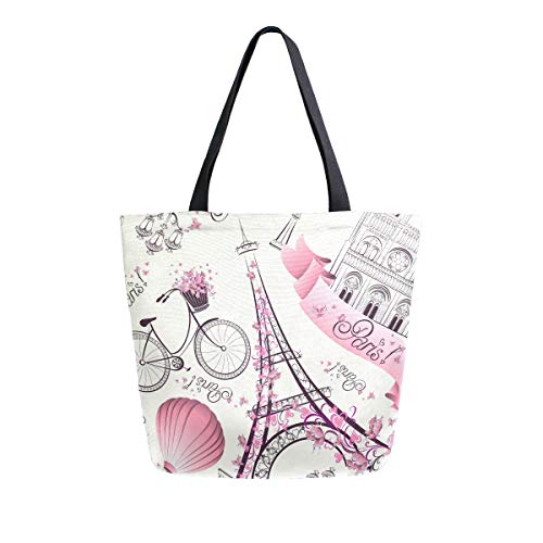 Mnsruu Grand sac fourre-tout réutilisable pour femme Tour Eiffel Paris Ballon Vélo Courses Sac à main décontracté pour le shopping, les courses, les voyages en plein air